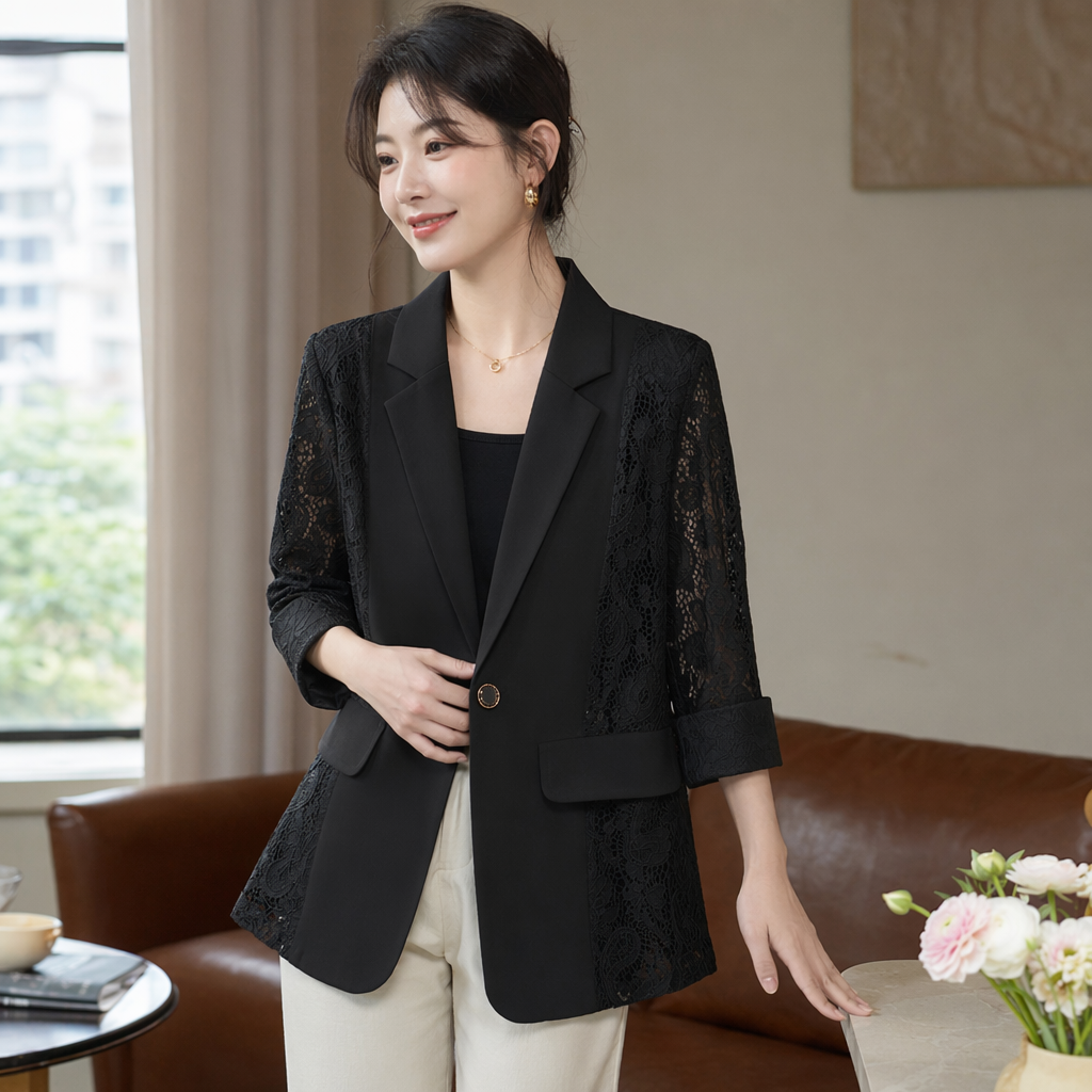 Black lace patchwork suit jacket for women, slimming and shaping, versatile for commuting, spring and autumn style details Picture
