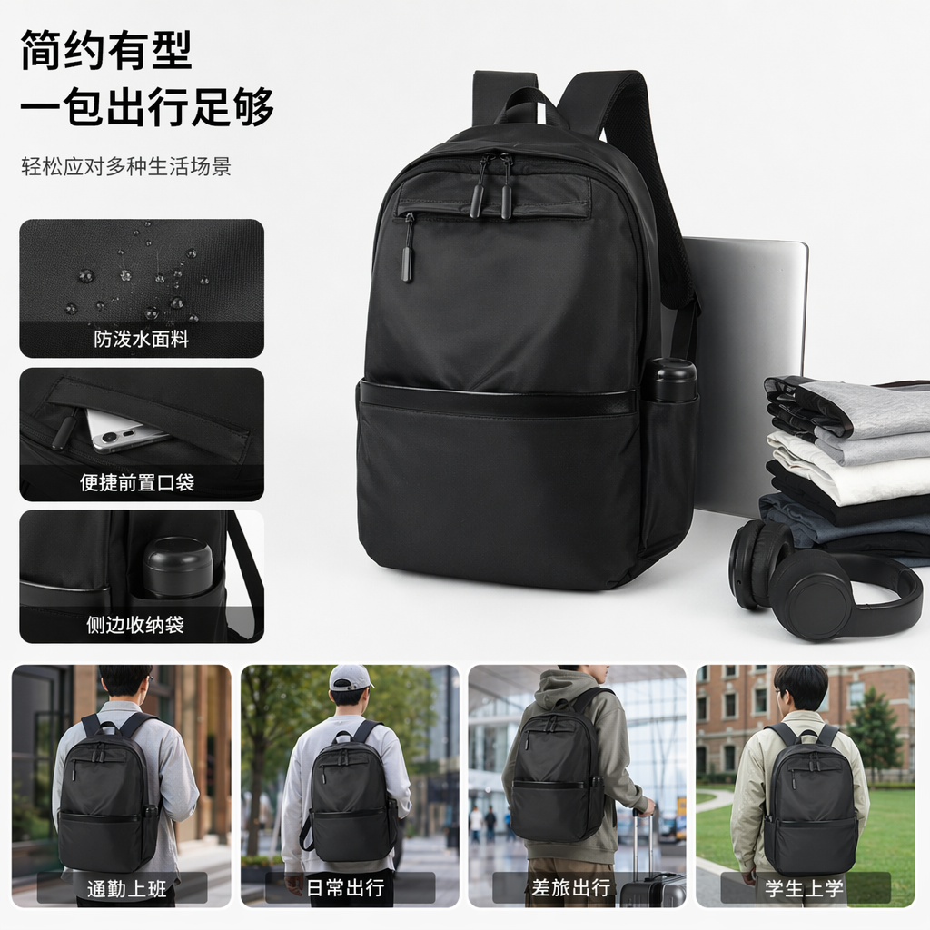 黑色双肩包耐磨尼龙通勤上学轻量多功能 backpack