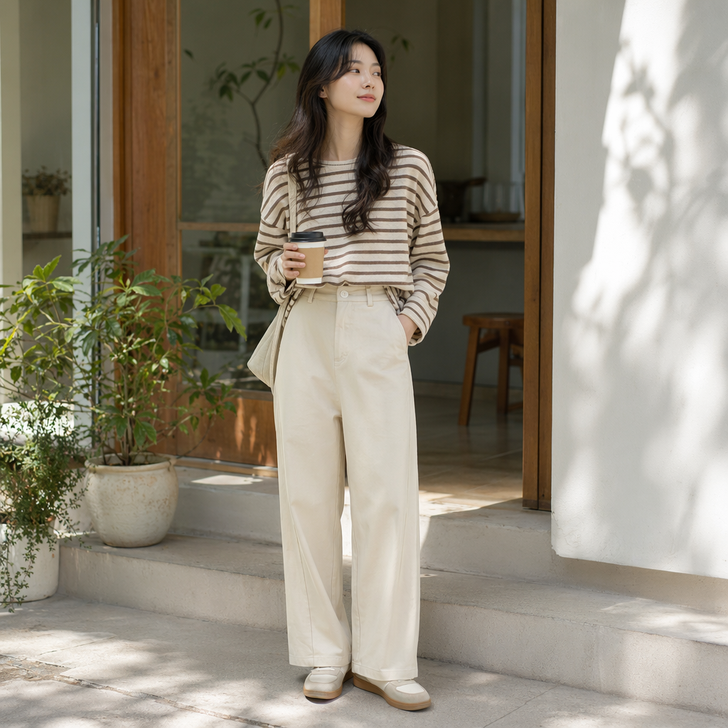 Off-white tencel cotton curved knife pants, high-waisted, slimming and drape casual trousers details Picture