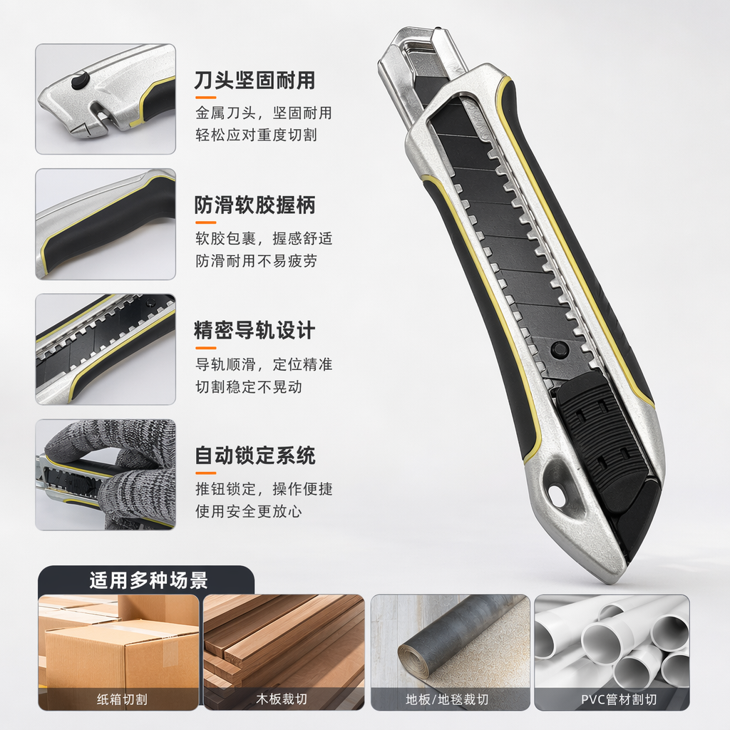 Silver, black and yellow striped utility knife, multi-functional paper cutter, portable hand knife