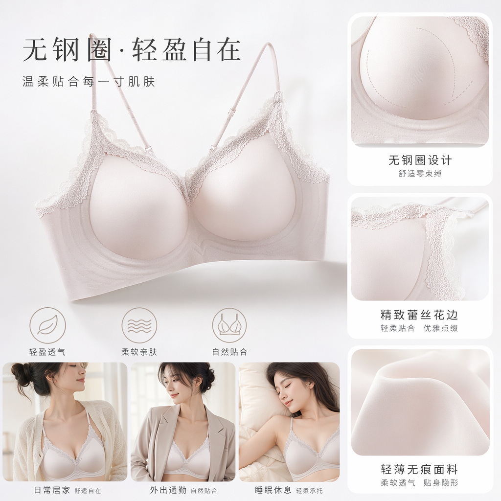 Light pink lace-trimmed bras without underwire are comfortable, breathable and adjustable