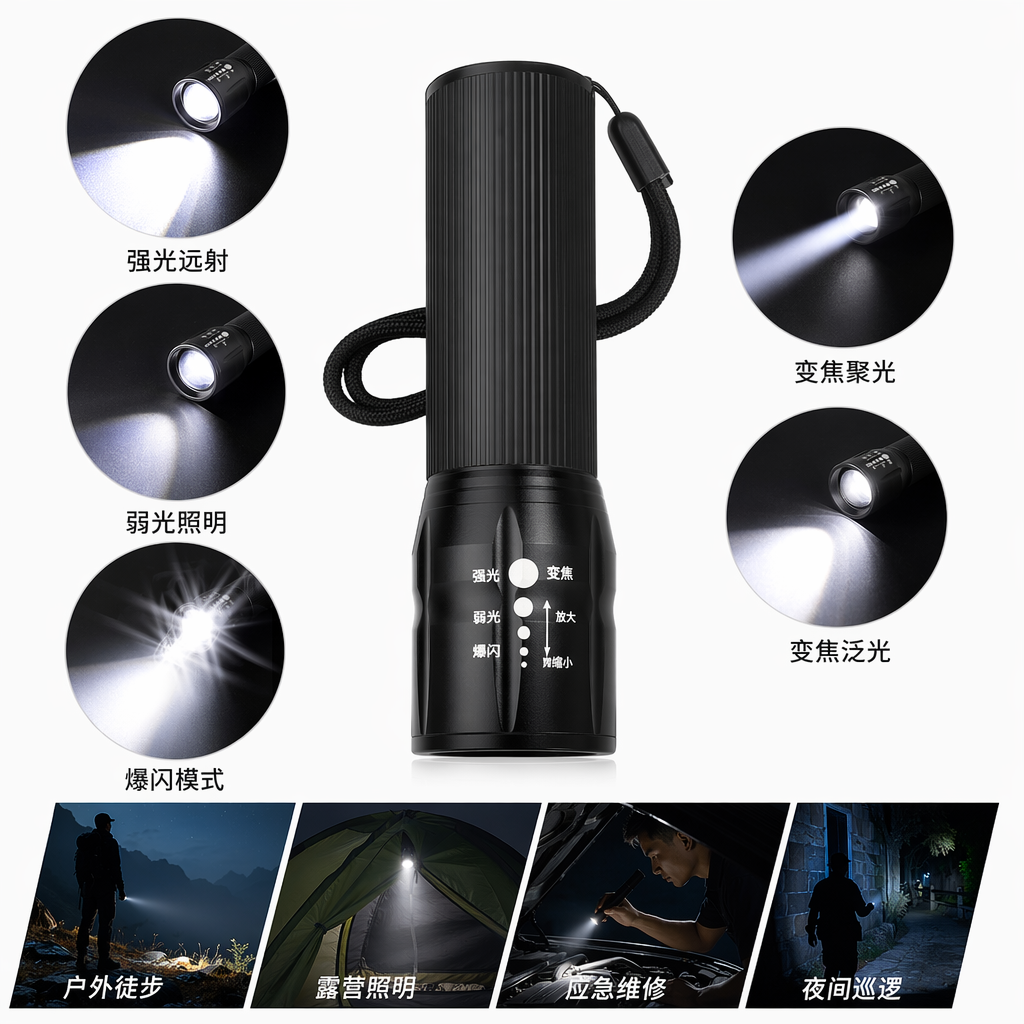 Portable rechargeable LED lighting tool with black high-brightness strong light flashlight