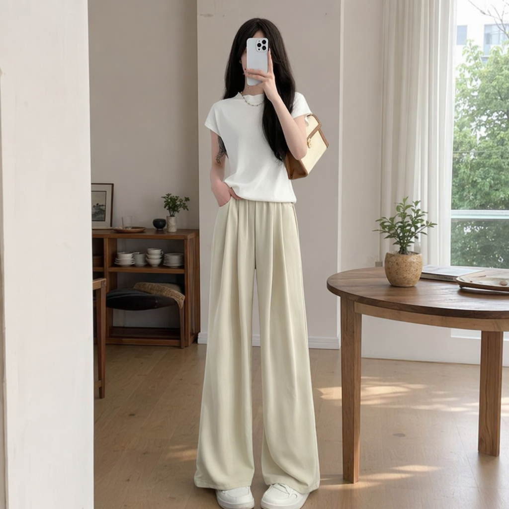 Apricot-colored tall wide-leg pants with drape make one look taller. Nine-inch straight casual trousers details Picture