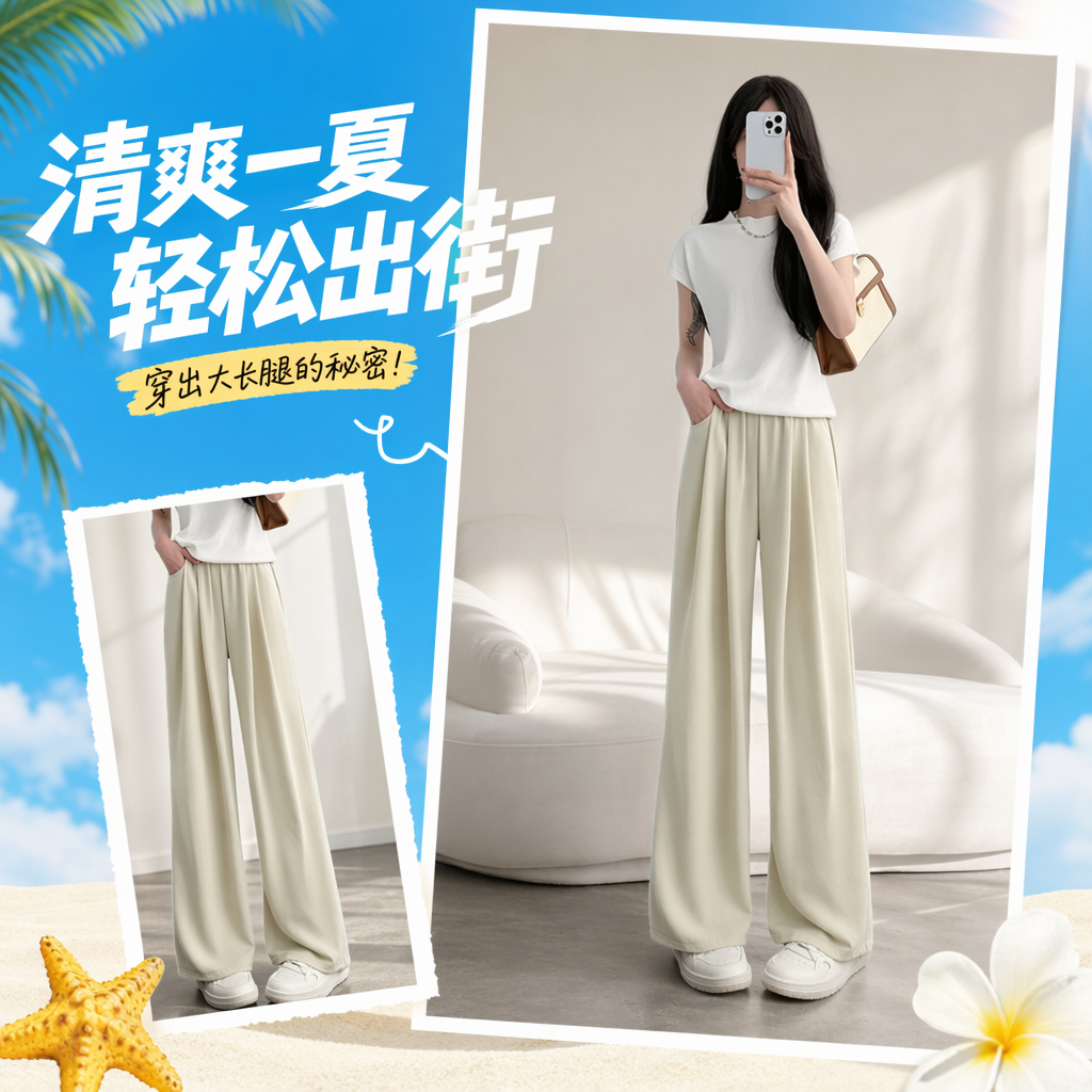 Apricot-colored tall wide-leg pants with drape make one look taller. Nine-inch straight casual trousers Specification image