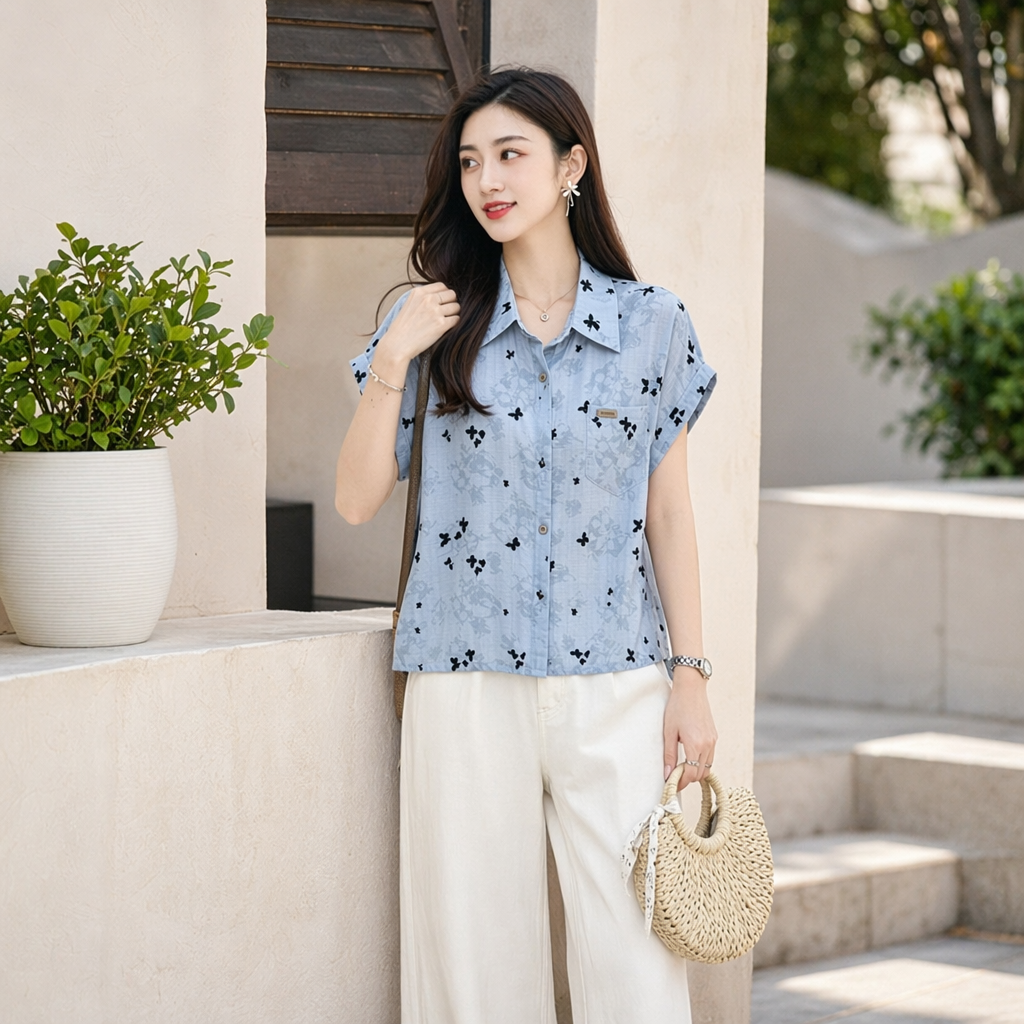 Light blue summer short-sleeved shirt details Picture