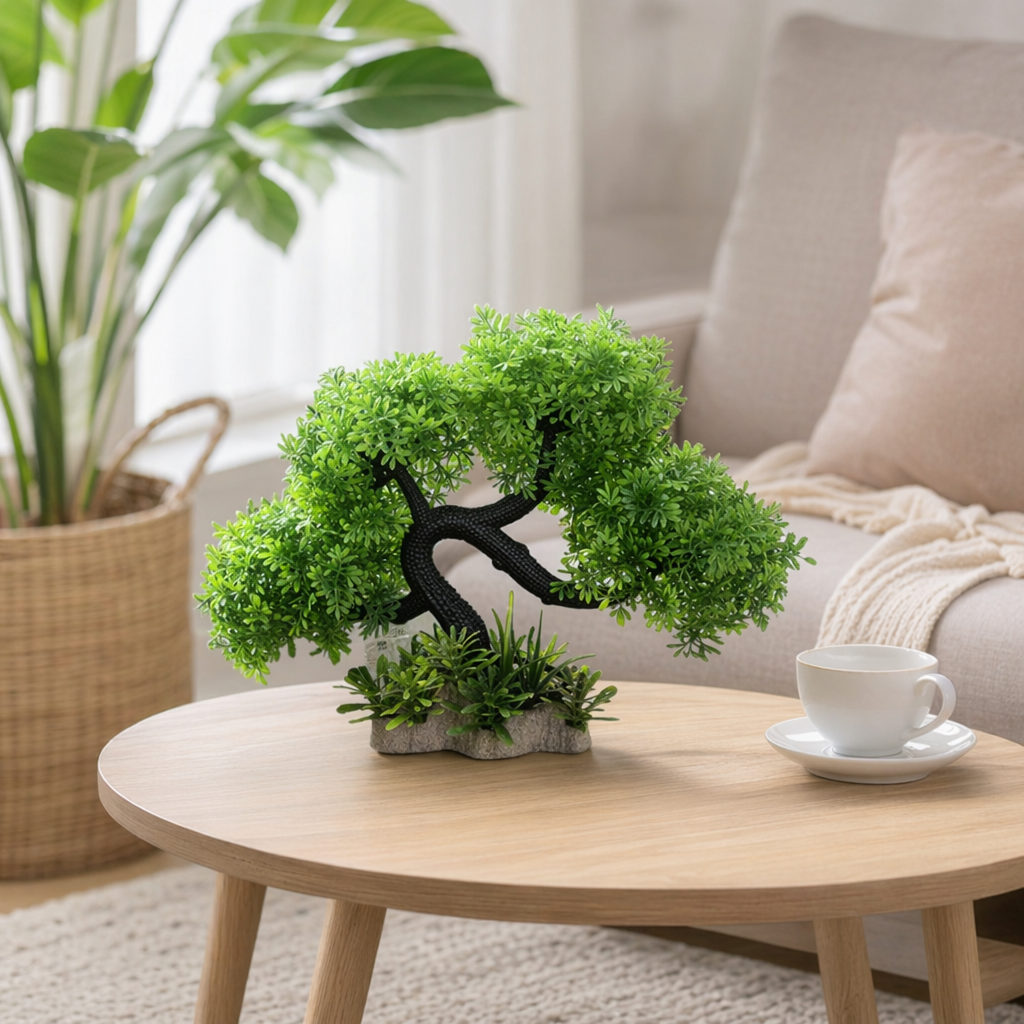Green artificial bonsai trees, indoor decorative items, artificial trees and green plants, home living room, balcony details Picture
