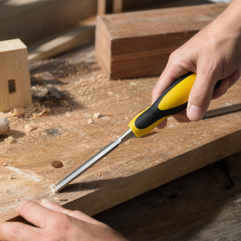 Yellow and black handle woodworking chisel, professional grade hand-carved woodworking tool details Picture