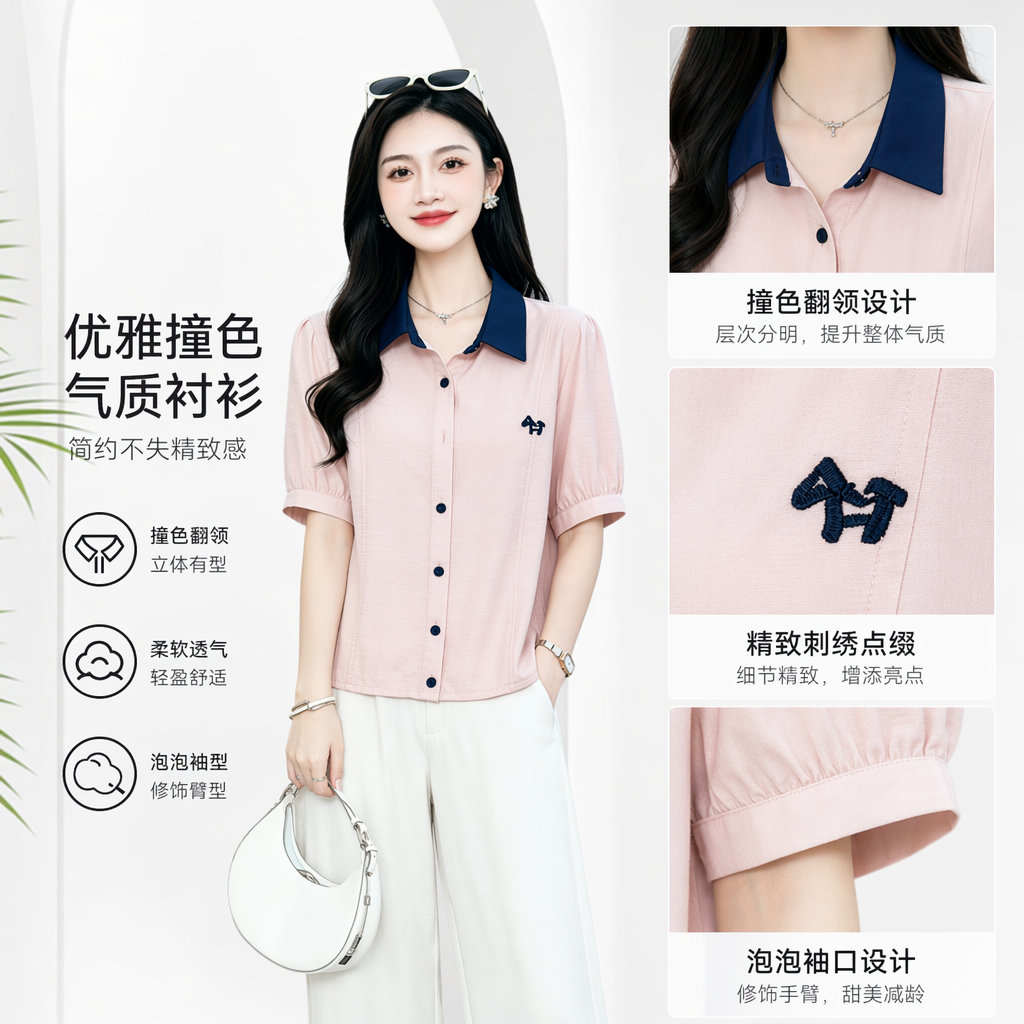 Pink and blue collar short-sleeved shirt women's casual top