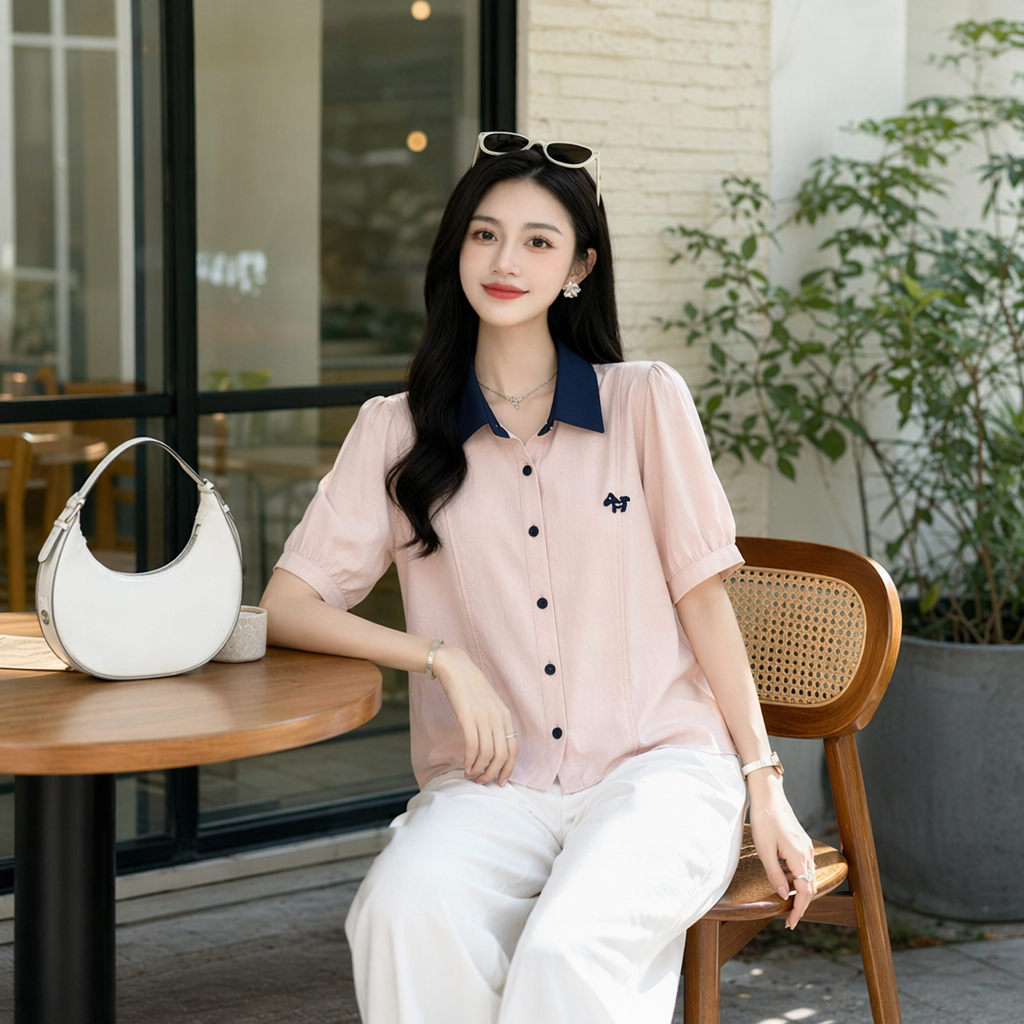 Pink and blue collar short-sleeved shirt women's casual top details Picture