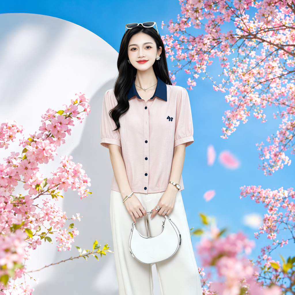 Pink and blue collar short-sleeved shirt women's casual top Specification image