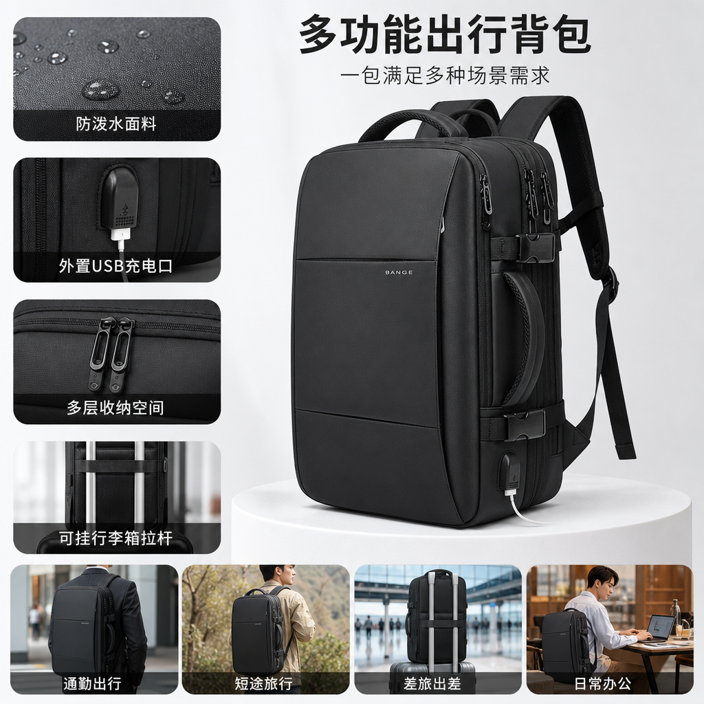 Black backpack, lightweight and large-capacity student commuting travel backpack