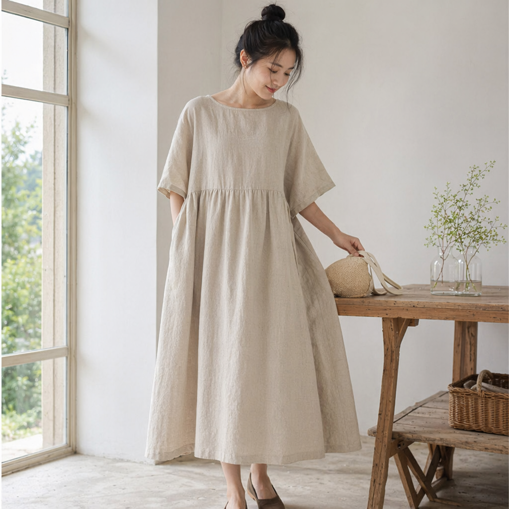 Beige linen dress for women's spring and autumn commuting casual long dress with a flowing and artistic feel details Picture