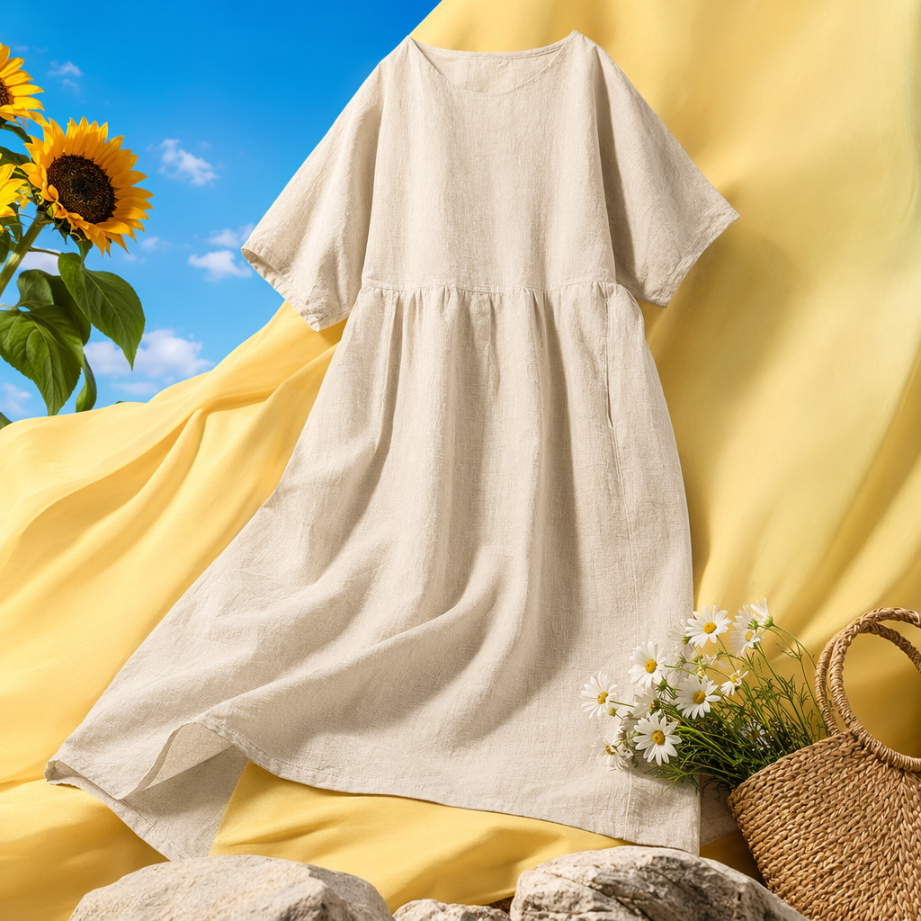 Beige linen dress for women's spring and autumn commuting casual long dress with a flowing and artistic feel Specification image