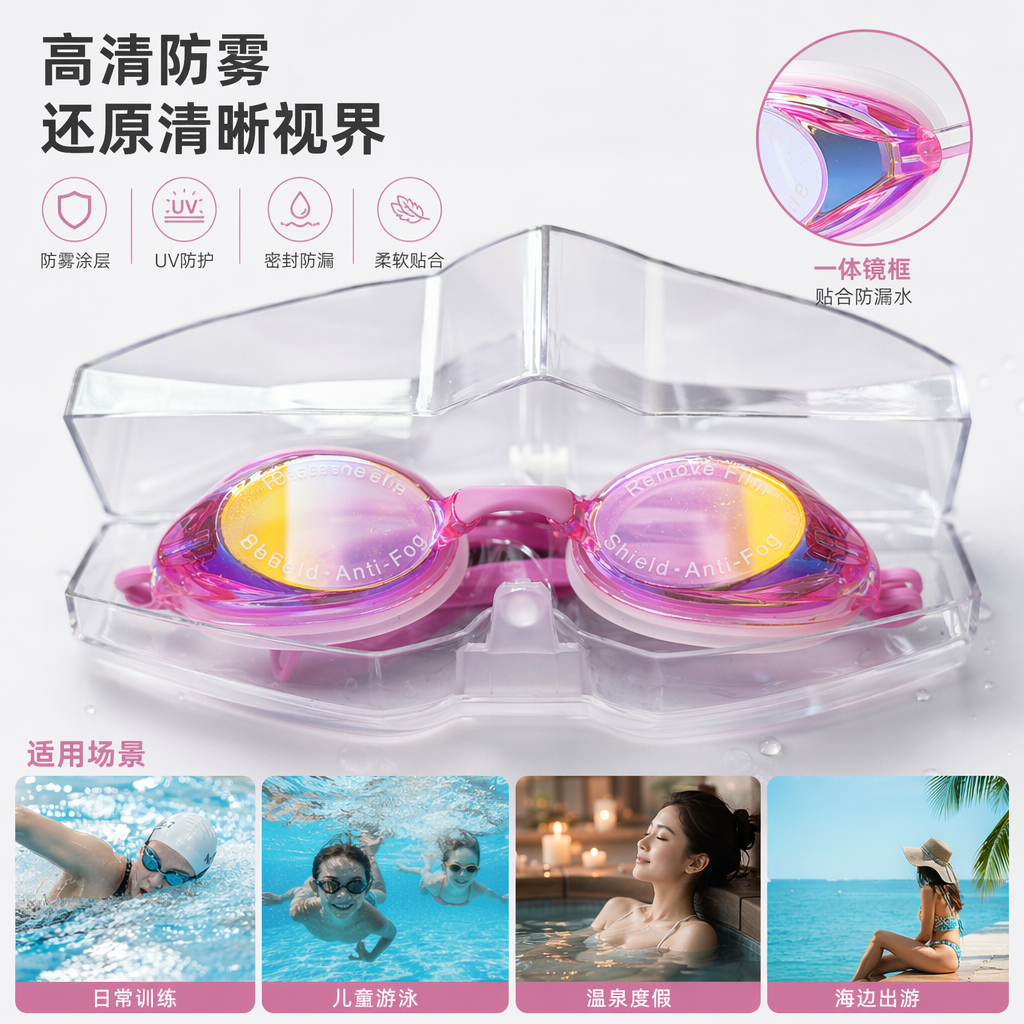 Pink swimming goggles with transparent storage case, anti-fog high-definition silicone swimming goggles suitable for both men and women