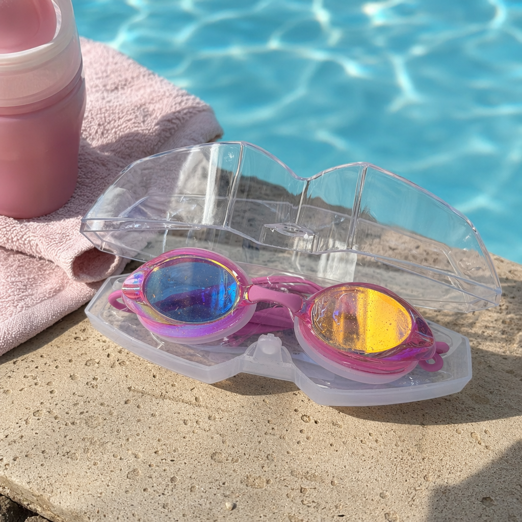 Pink swimming goggles with transparent storage case, anti-fog high-definition silicone swimming goggles suitable for both men and women details Picture