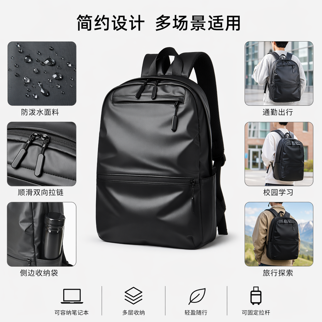 Black simple business casual backpack, a large-capacity lightweight travel bag suitable for both men and women