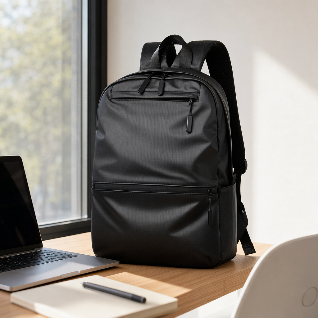 Black simple business casual backpack, a large-capacity lightweight travel bag suitable for both men and women details Picture