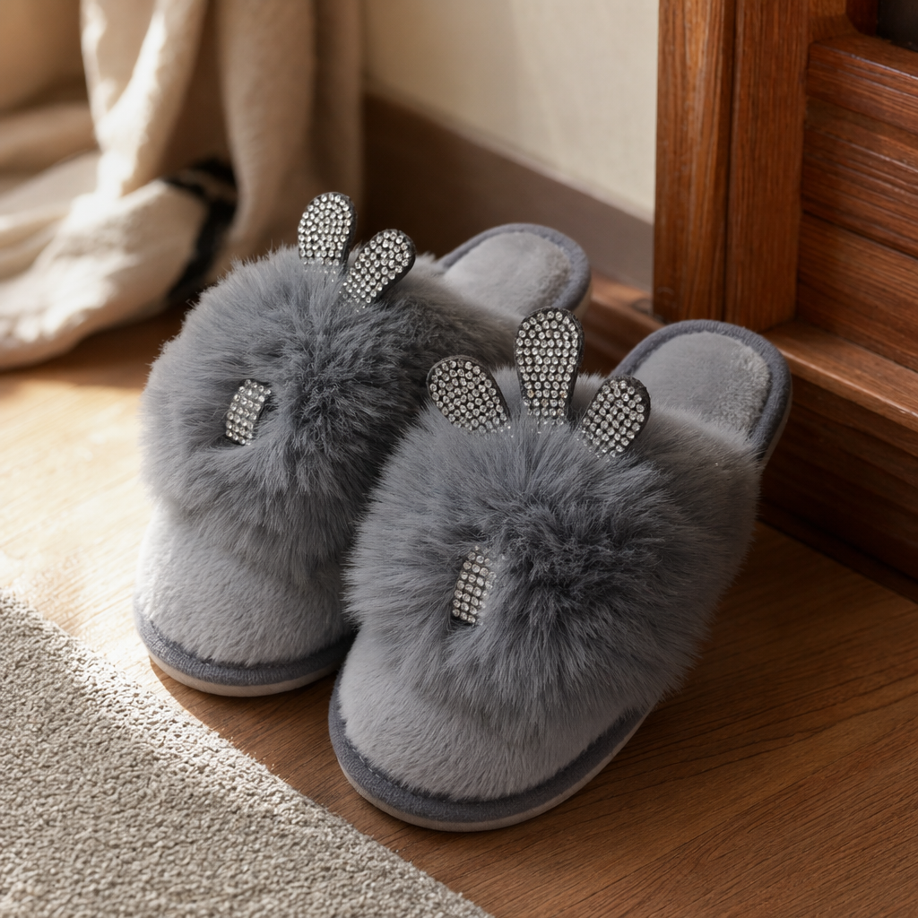 Grey plush home slippers for women, warm and thickened cotton slippers for indoor home relaxation details Picture