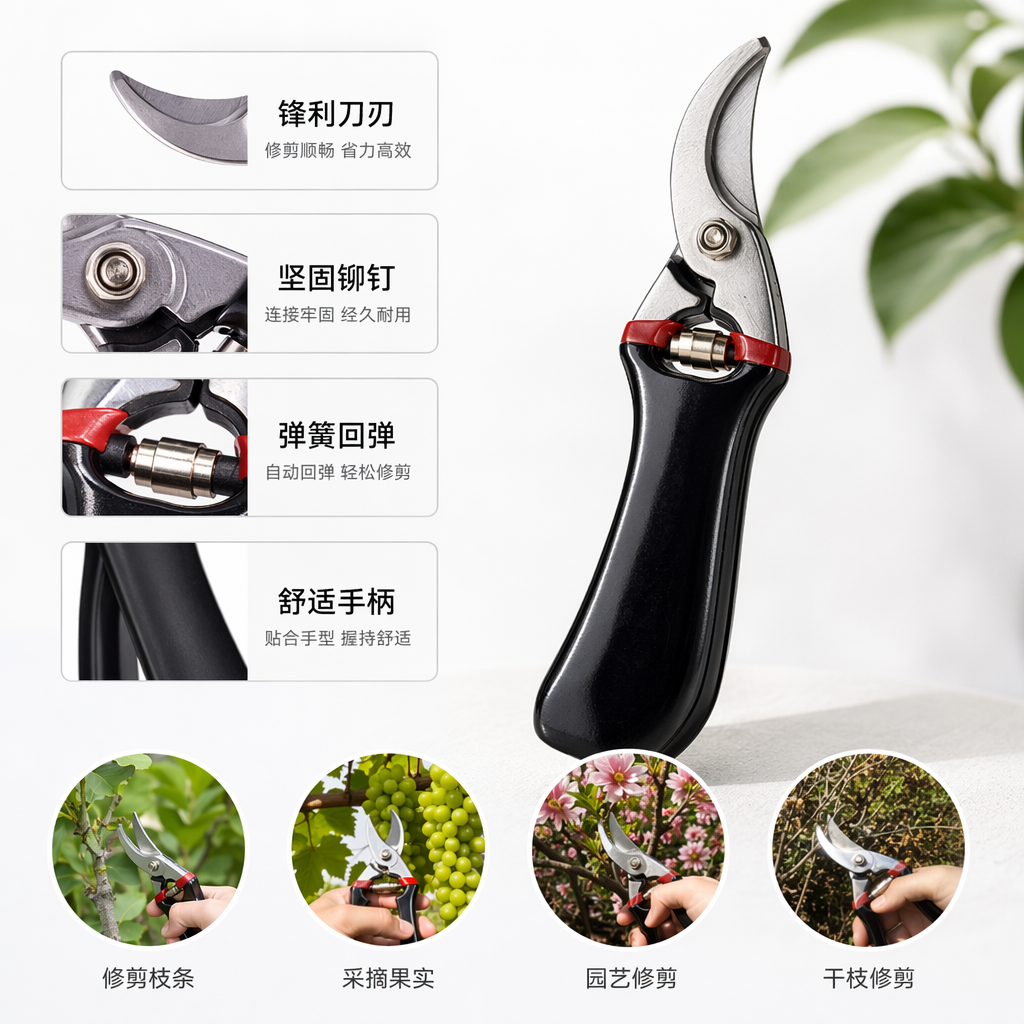 黑色手柄园艺剪刀不锈钢锋利修剪家用园艺工具