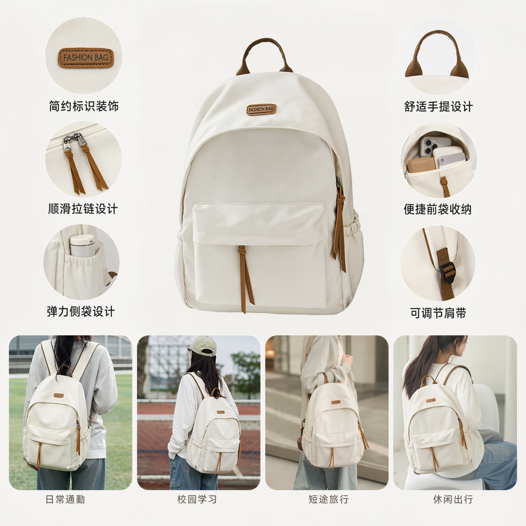 This beige, simple and fashionable ladies' backpack is lightweight and has a large capacity for commuting and leisure