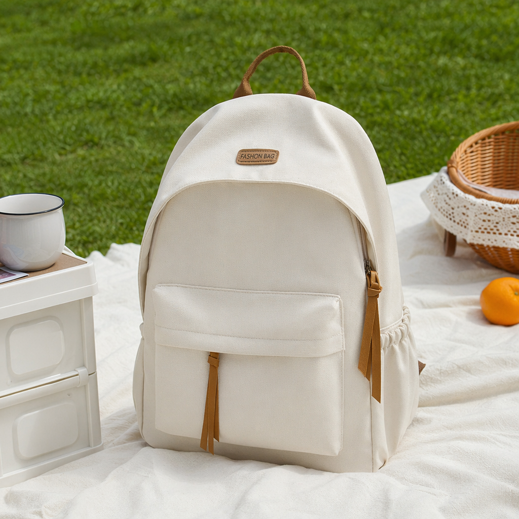 This beige, simple and fashionable ladies' backpack is lightweight and has a large capacity for commuting and leisure details Picture