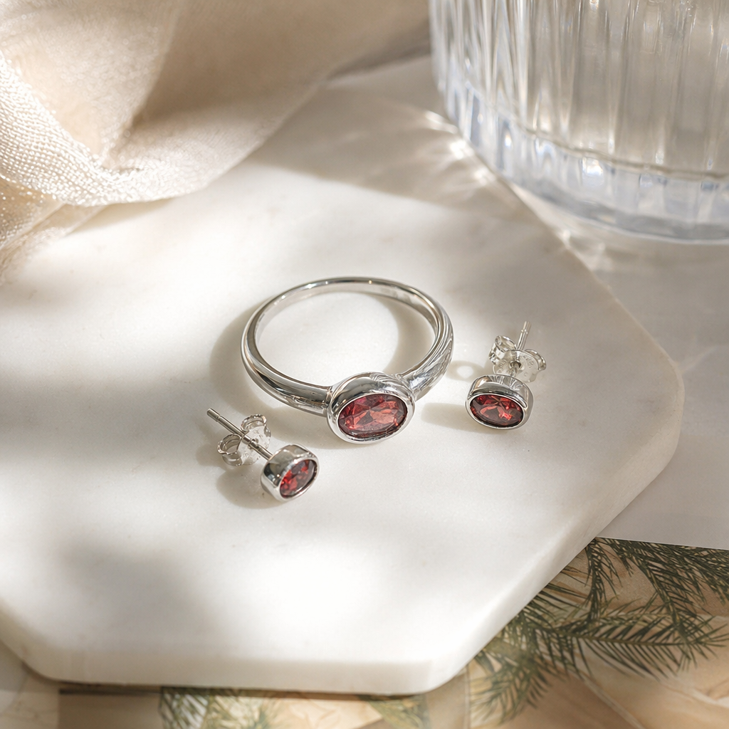 All-silver ring stud set, decorated with red gemstones as fashionable and light luxury accessories details Picture