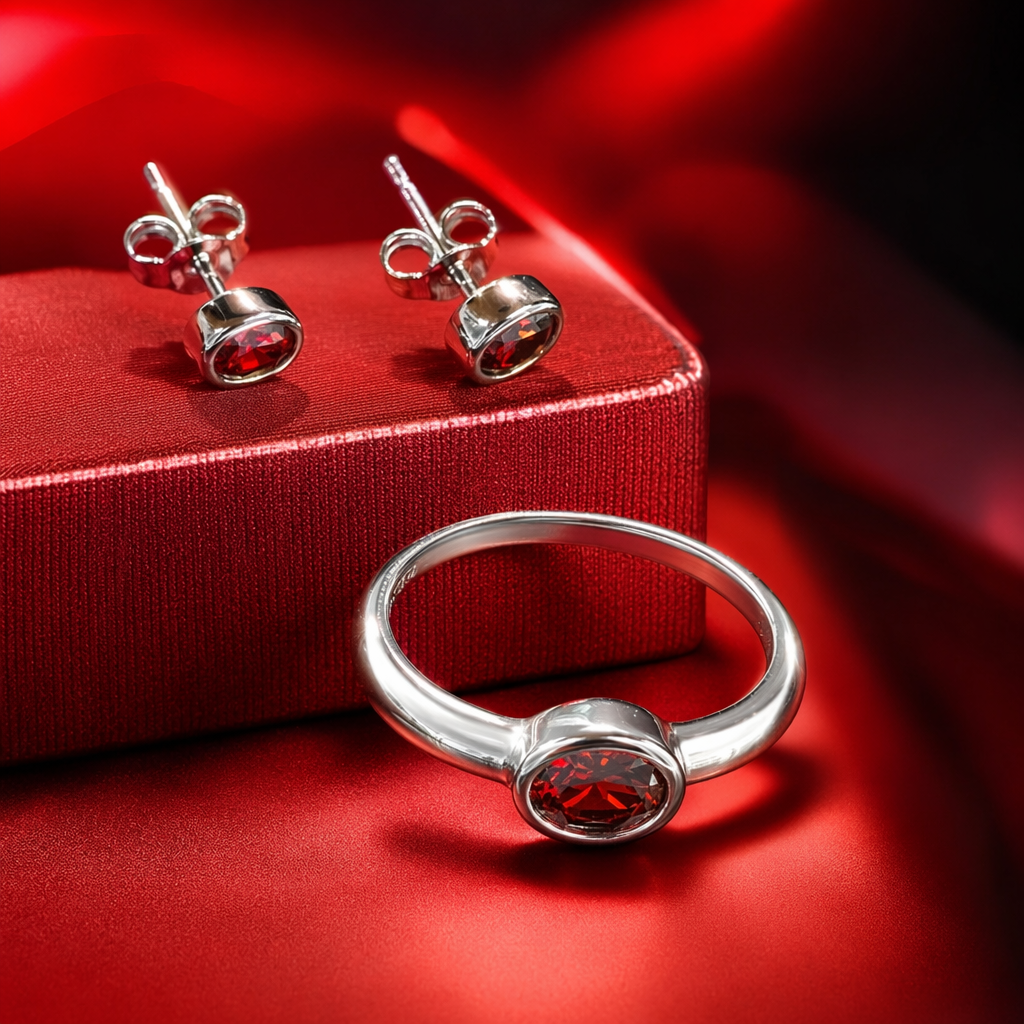 All-silver ring stud set, decorated with red gemstones as fashionable and light luxury accessories Specification image
