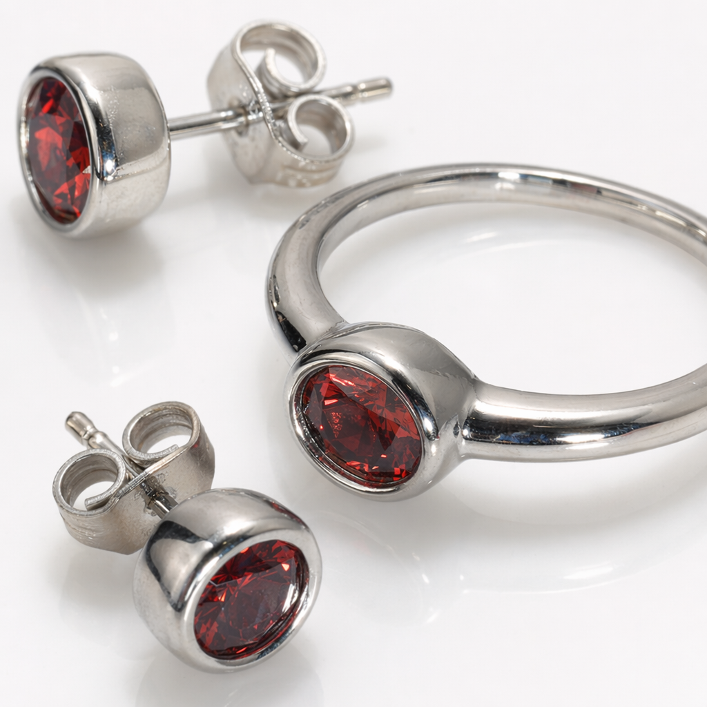 All-silver ring stud set, decorated with red gemstones as fashionable and light luxury accessories Application Scenario