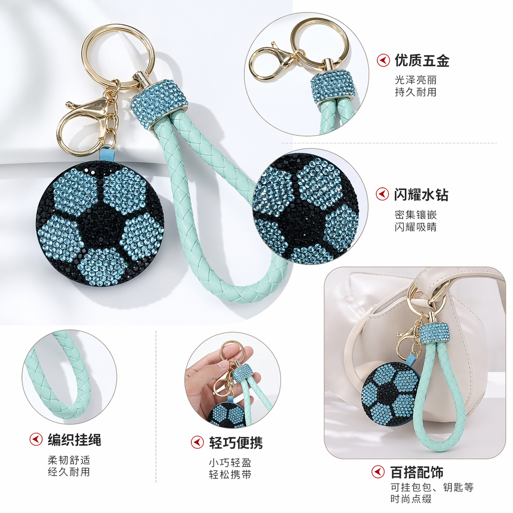 A blue diamond-encrusted football-shaped keychain with a light green braided rope handle