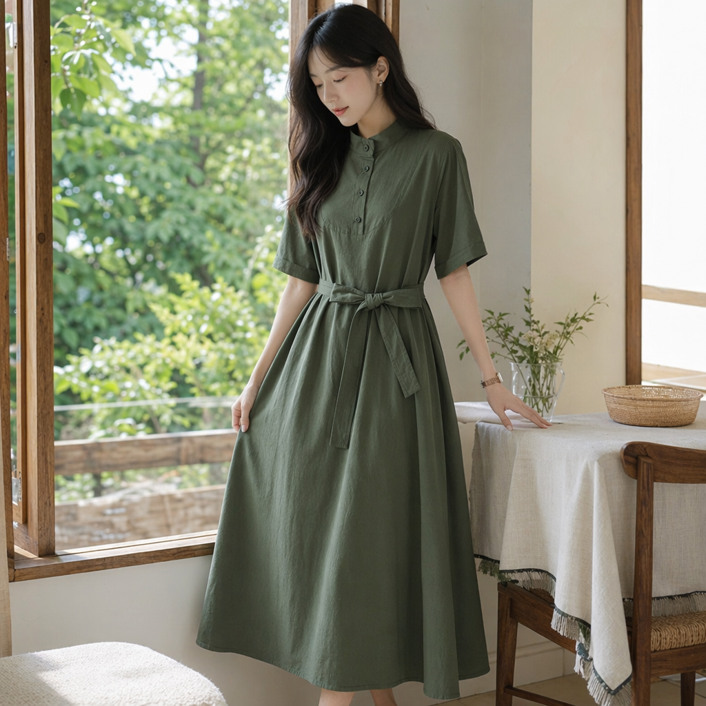 A military green slimming long dress with a drooping effect, a summer dress details Picture