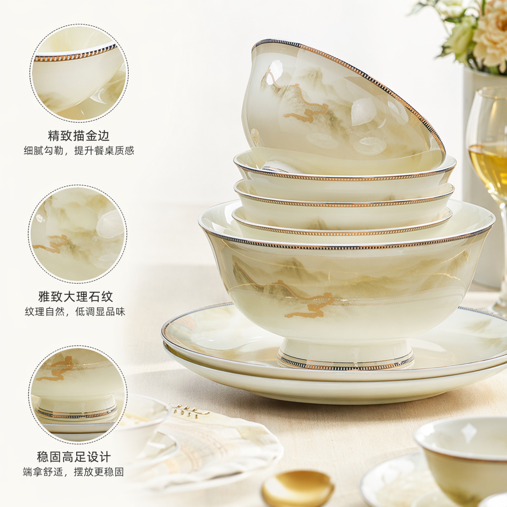 Beige ceramic bowl and plate set, a simple Nordic-style tableware combination for home use