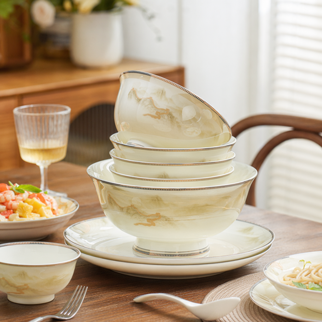 Beige ceramic bowl and plate set, a simple Nordic-style tableware combination for home use details Picture