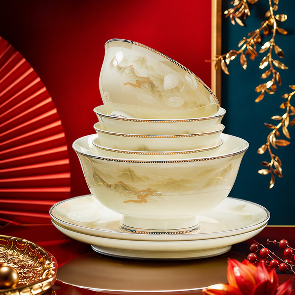 Beige ceramic bowl and plate set, a simple Nordic-style tableware combination for home use Specification image