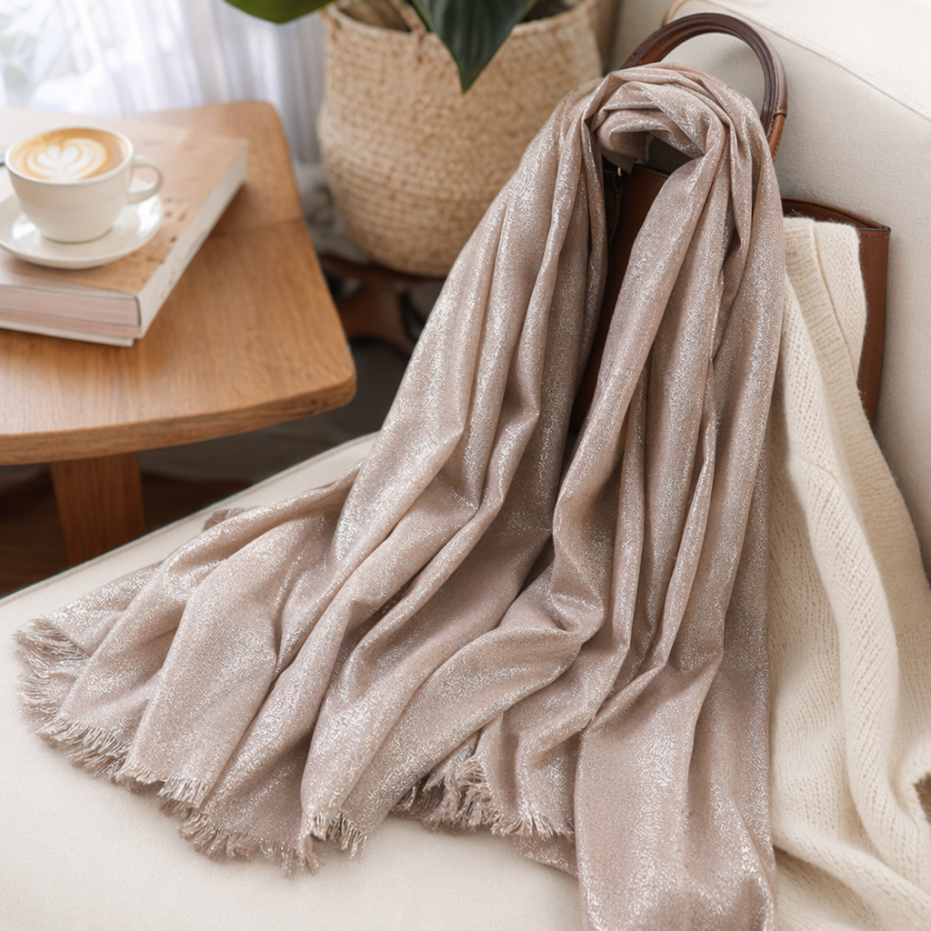 A champagne-colored shiny silk scarf is a versatile and fashionable long style for women to keep warm in autumn and winter details Picture
