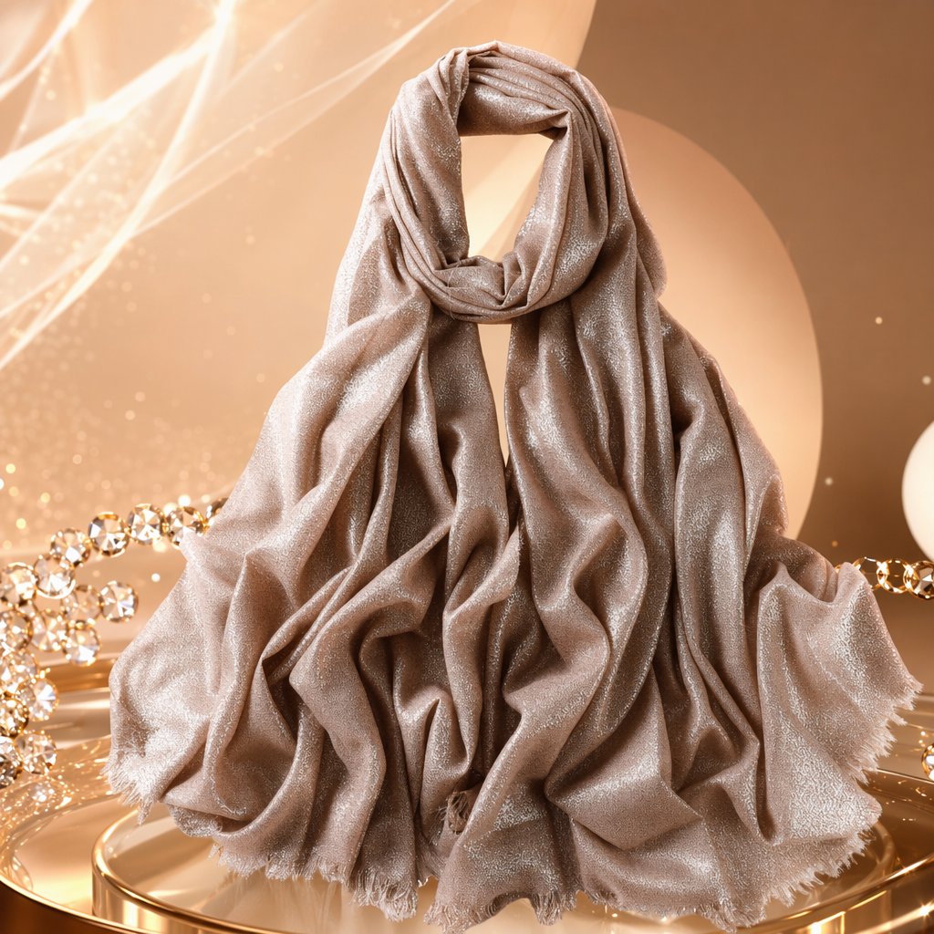 A champagne-colored shiny silk scarf is a versatile and fashionable long style for women to keep warm in autumn and winter Specification image