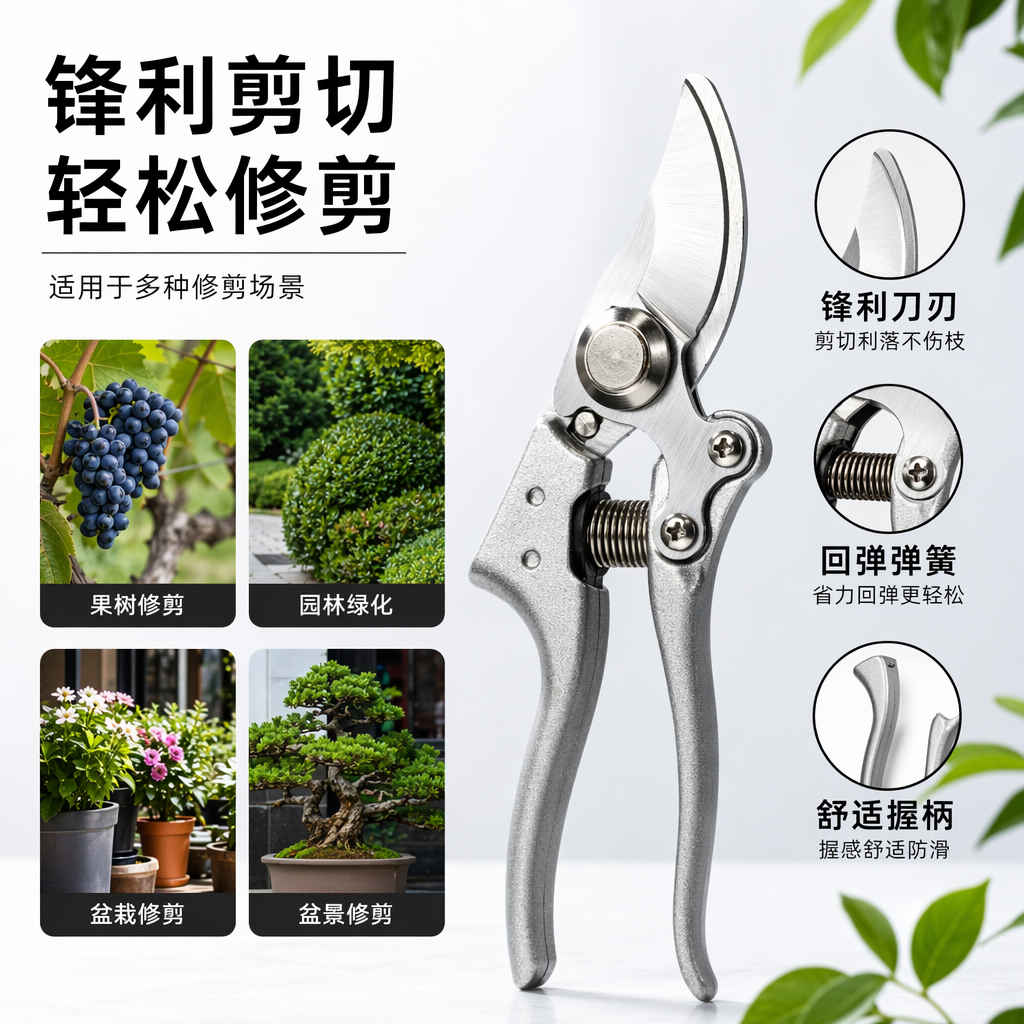 Silver garden scissors, stainless steel pruning shears, household gardening tools