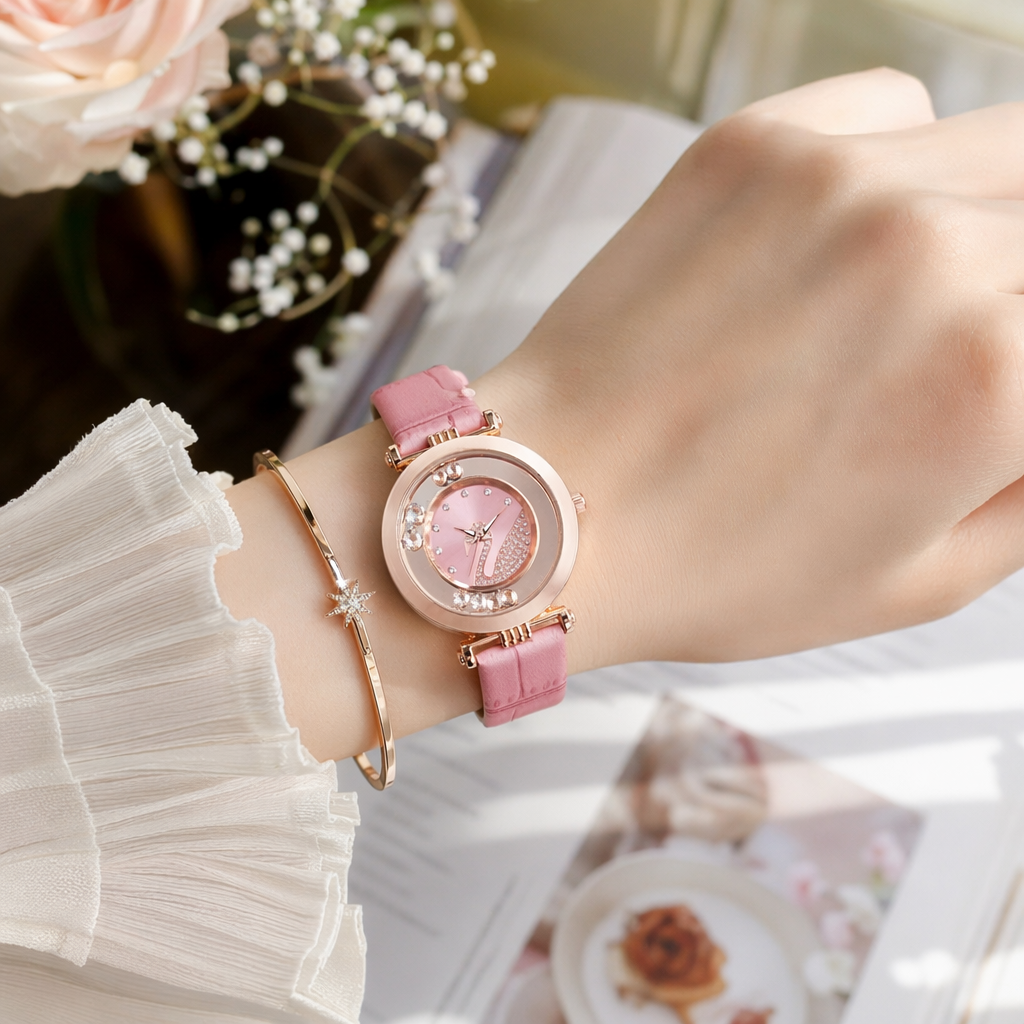 The pink leather strap rose gold ladies' watch is fashionable, light luxury, simple and versatile details Picture