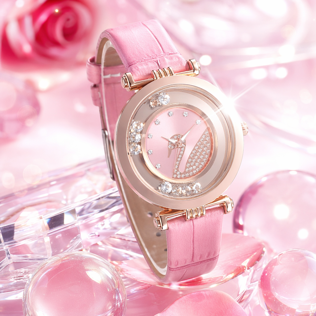 The pink leather strap rose gold ladies' watch is fashionable, light luxury, simple and versatile Specification image
