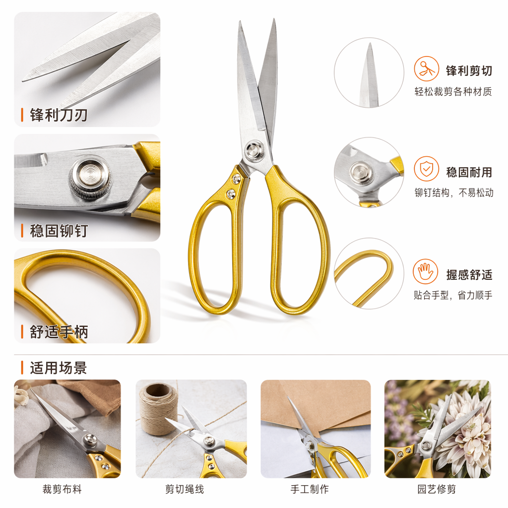 金色手柄剪刀家用不锈钢锋利裁纸剪布多功能剪刀