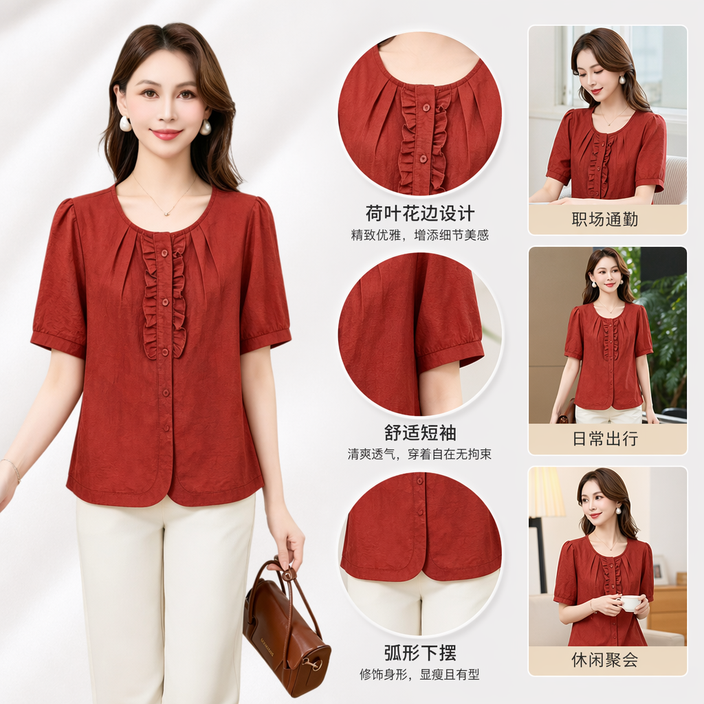 Red fabric ruffled short-sleeved top for women's summer fashion, slimming and shaping full image