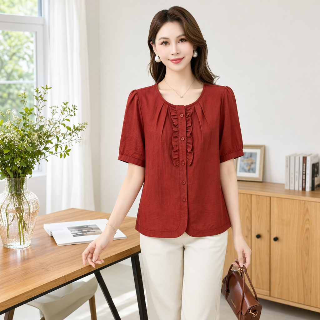 Red fabric ruffled short-sleeved top for women's summer fashion, slimming and shaping details Picture