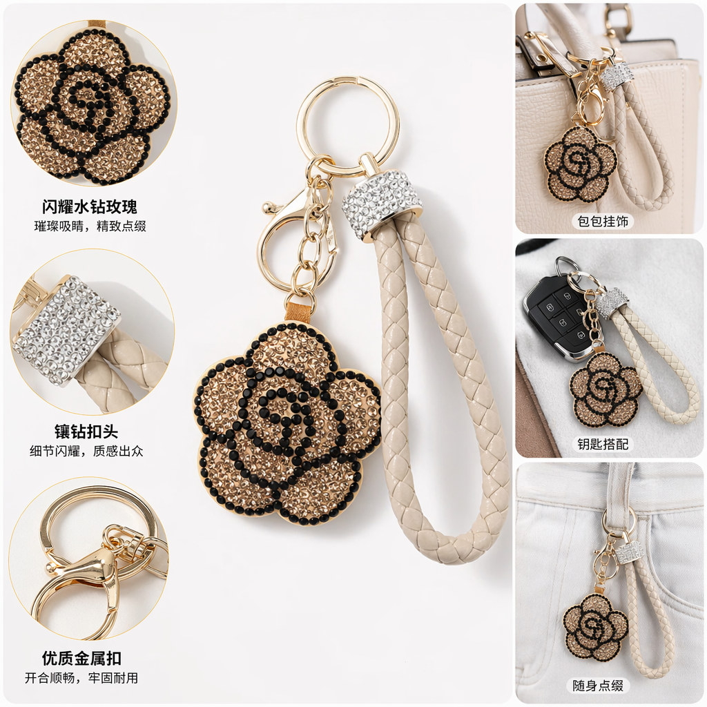 金色镶钻花朵造型钥匙扣配米白色编织皮绳手提环