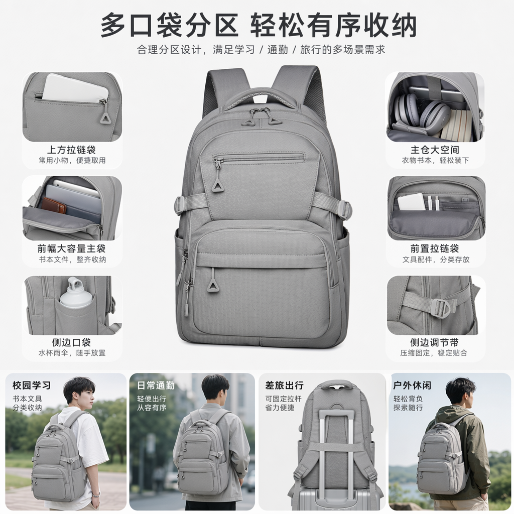 灰色双肩包简约大容量学生通勤休闲背包图