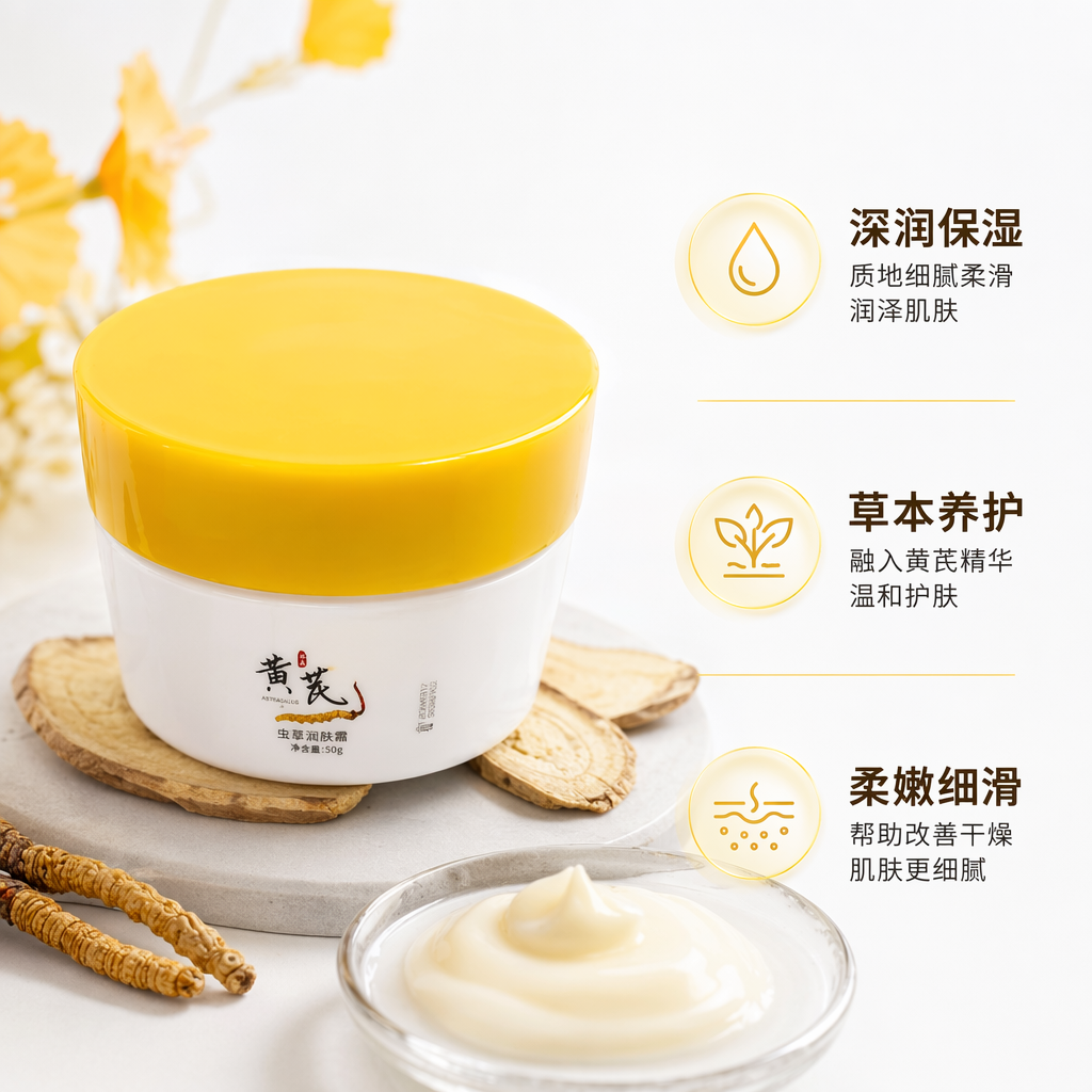 黄芪虫草润肤霜 黄色盖子白色罐体 黄色包装盒