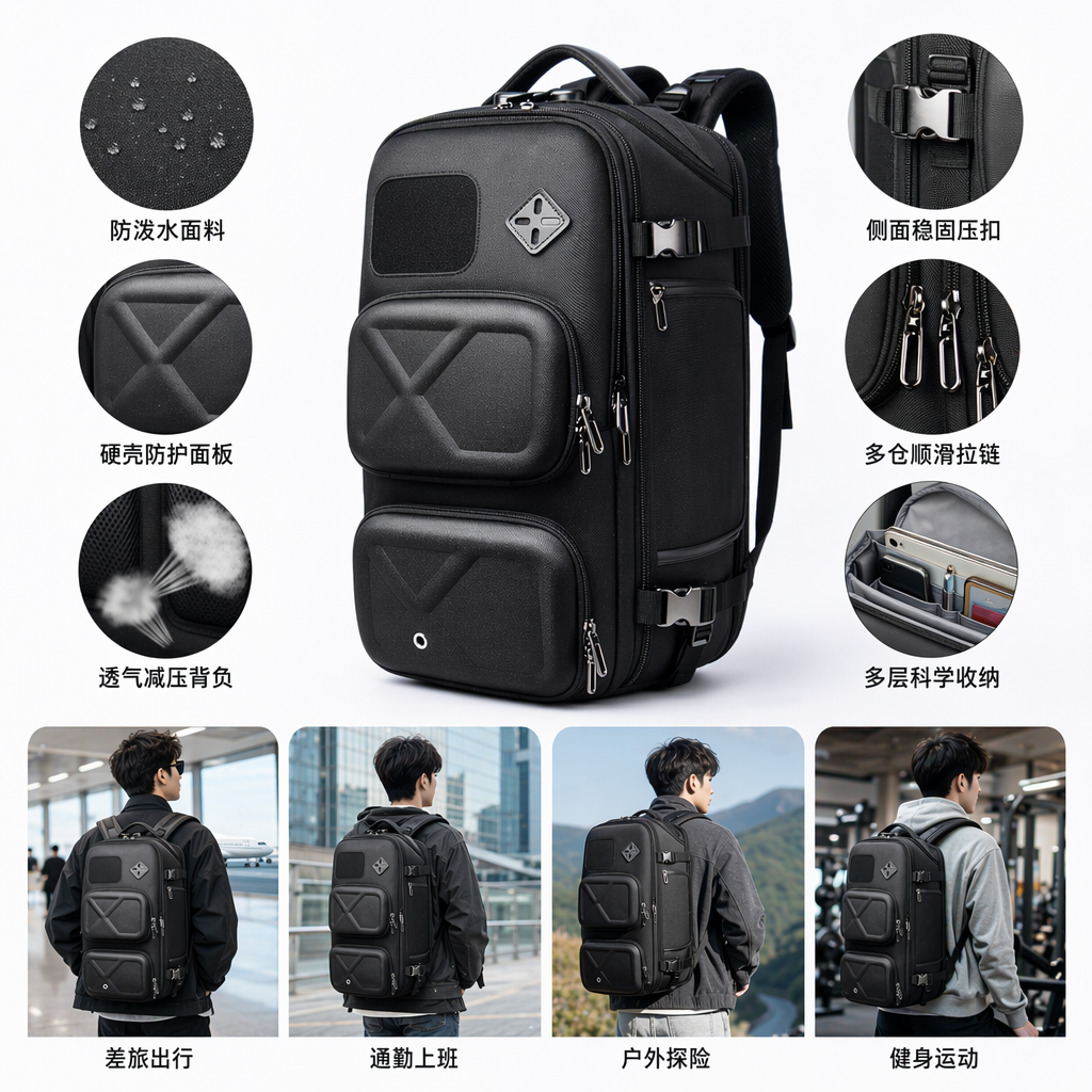 Black nylon waterproof commuting backpack, lightweight and pressure-resistant, specially designed for students and office workers