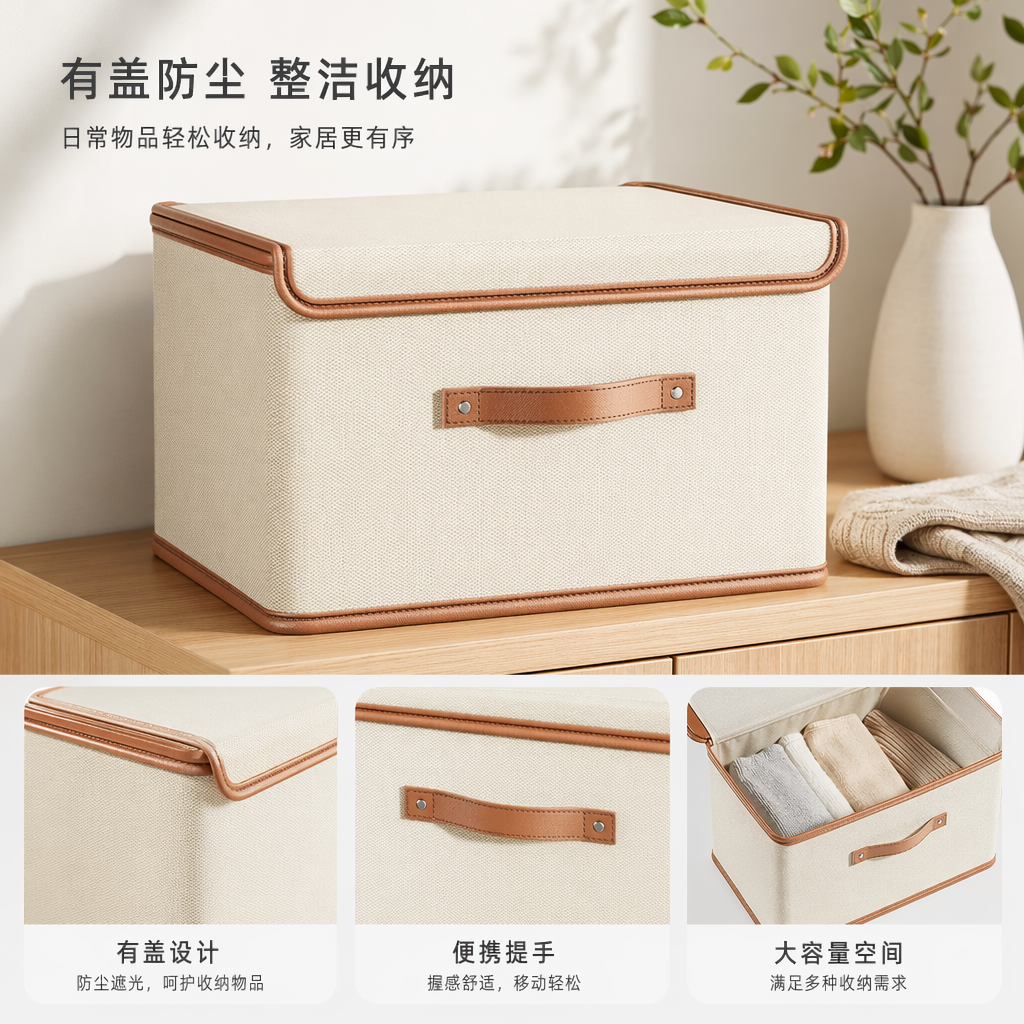 The off-white Oxford cloth storage box with a brown leather-edged handle