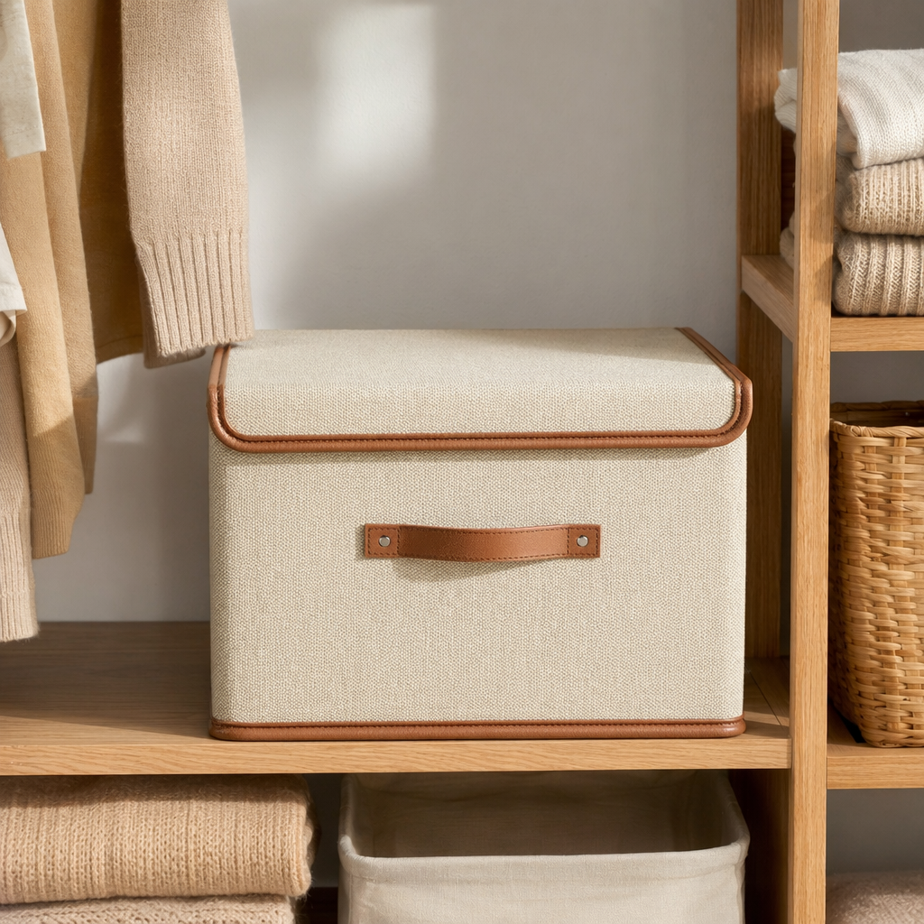 The off-white Oxford cloth storage box with a brown leather-edged handle details Picture