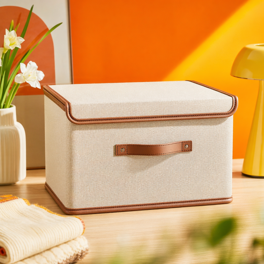 The off-white Oxford cloth storage box with a brown leather-edged handle Specification image