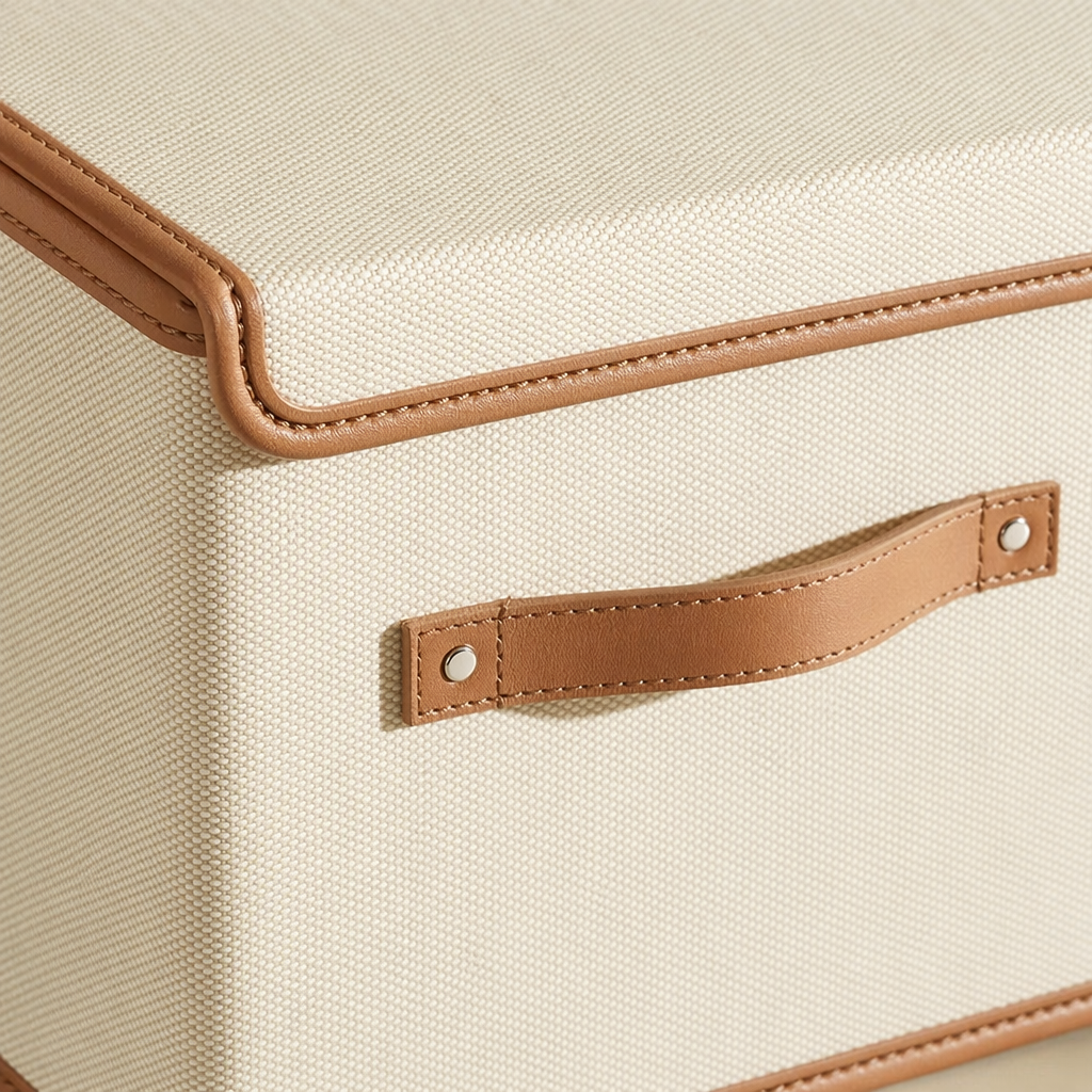 The off-white Oxford cloth storage box with a brown leather-edged handle Application Scenario