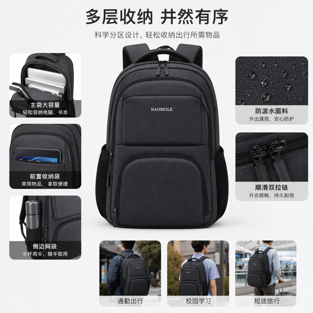 灰色双肩包简约百搭学生通勤轻便大容量时尚休闲